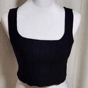 Black Fitted Ribbed Crop Tank Top with Square Neckline
